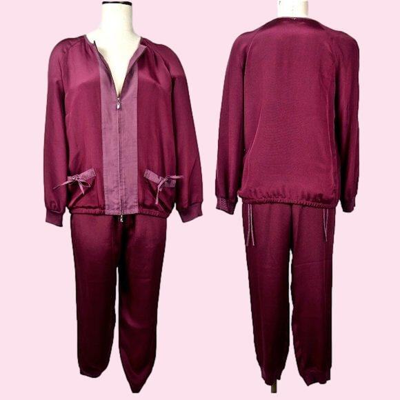 90s Y2K St John Track Suit | Silk Jacket & Pants Burgundy - Picture 1 of 10